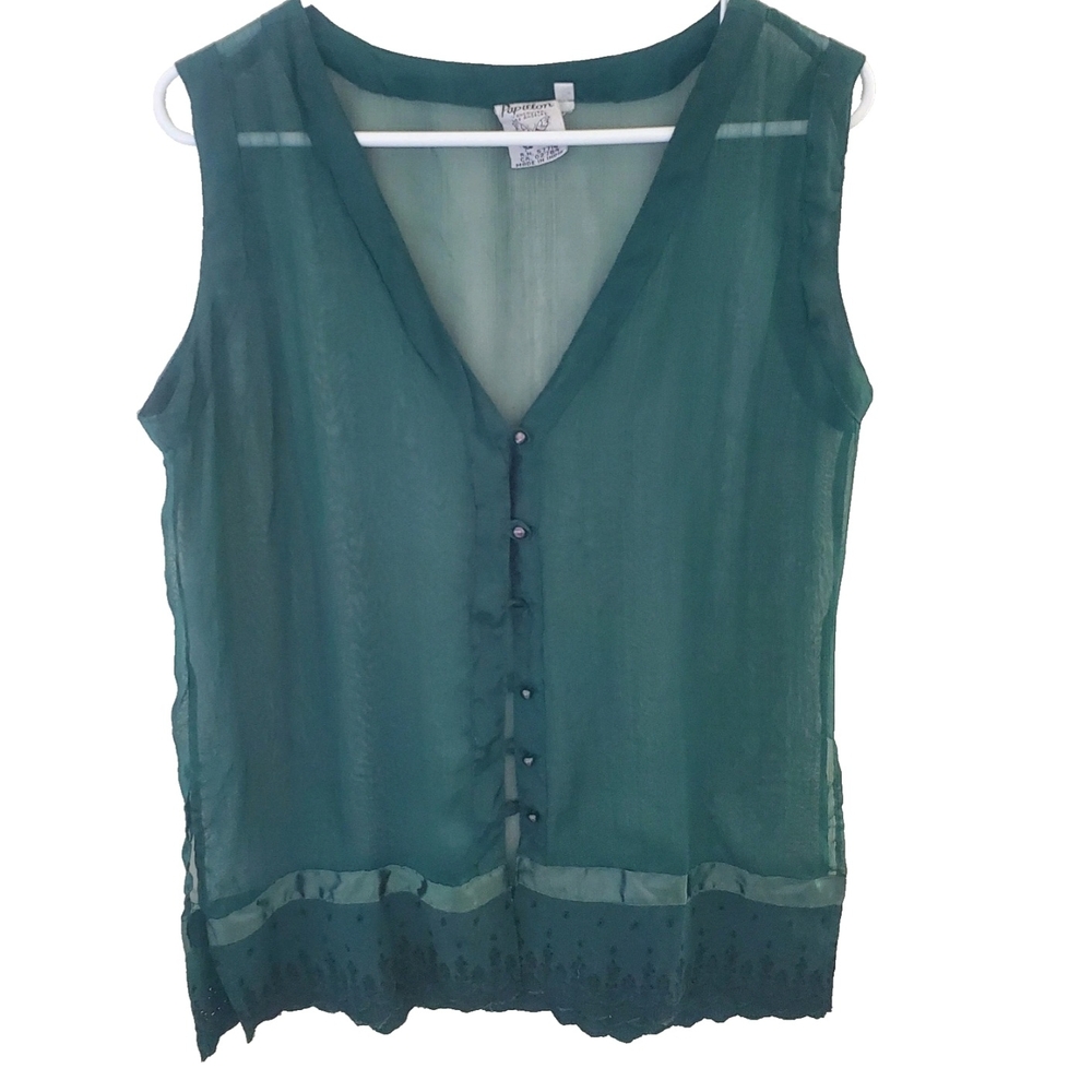 Papillon Women Sheer Top M Button Up Ribbon Embellished Trim Forest Fairy Grunge